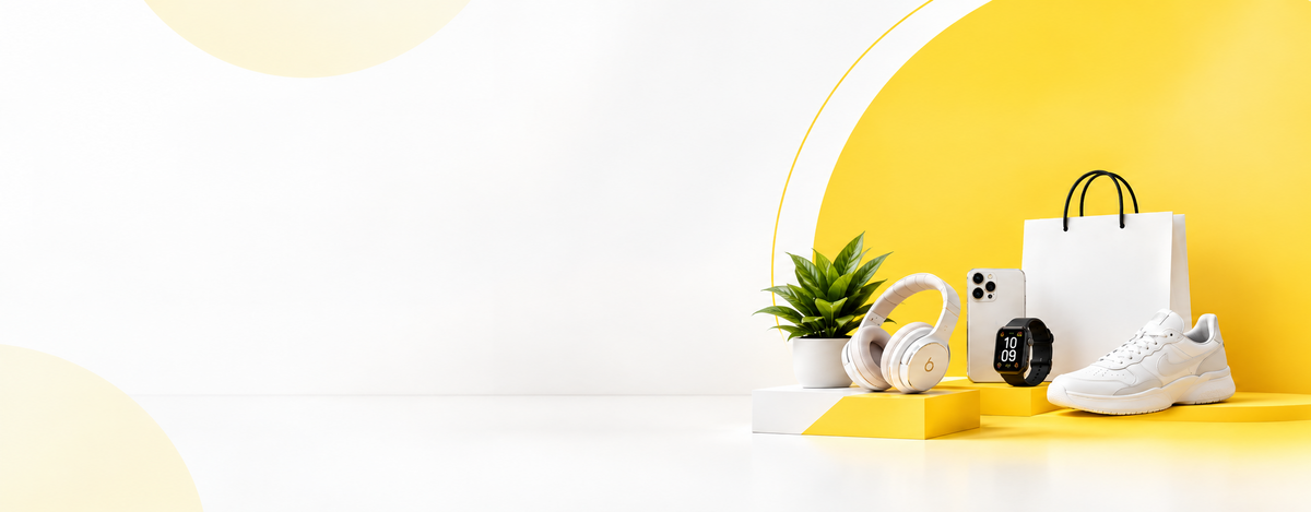 Webmart hero banner with yellow and white ecommerce product scene